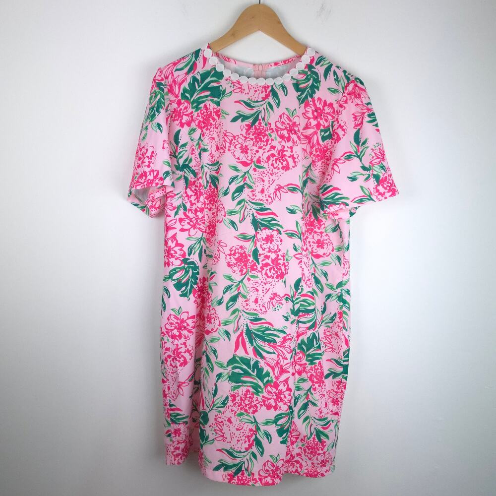 Pink Floral Short Sleeve Crew Neck Shift Mini Dress Size Extra Extra Large XXL